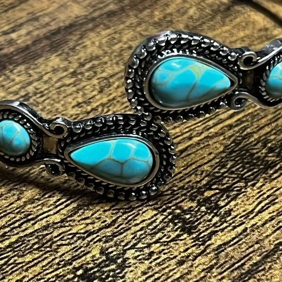 Western Fake Turquoise Stone Antique Cuff Bangle Bracelet - Picture 5 of 9